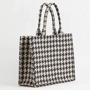 Jacquard-Weave Tote Handbag Black Hundstooth Pattern Twill